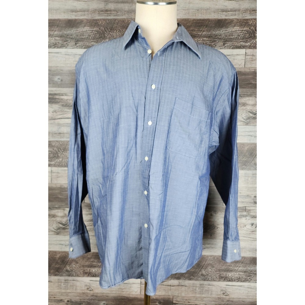 Nicole Miller New York Mens Blue Herringbone Cotton Button Down Sz XL 17 34/35